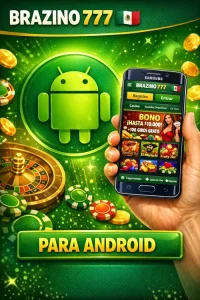 Aplicación Brazino 777 para Android con smartphone mostrando el casino online y botones Registro y Entrar