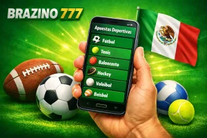 Banner promocional de Brazino 777 con smartphone mostrando apuestas deportivas como fútbol, tenis, baloncesto, hockey, voleibol y béisbol, junto a balones deportivos y bandera de México