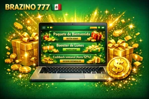 Banner promocional de Brazino777 México con laptop, bonos de bienvenida, cashback semanal y monedas doradas